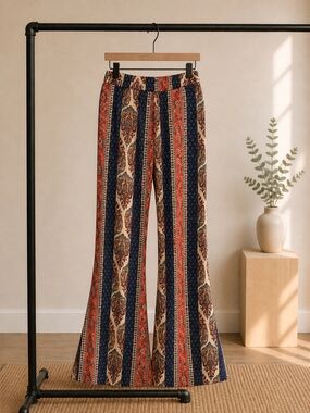 Altar'd State Boho Stripe Print Bell Bottom Pants - Cream & Navy